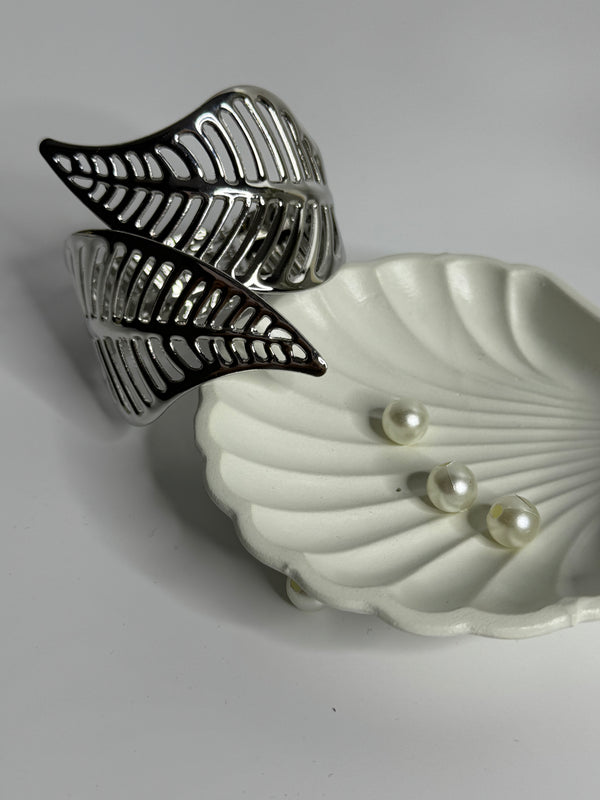 Silver Twin Leaf Open Bracelet