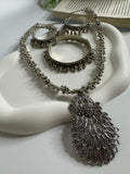 Peacock Drop Oxidised Necklace Set (3-Piece)