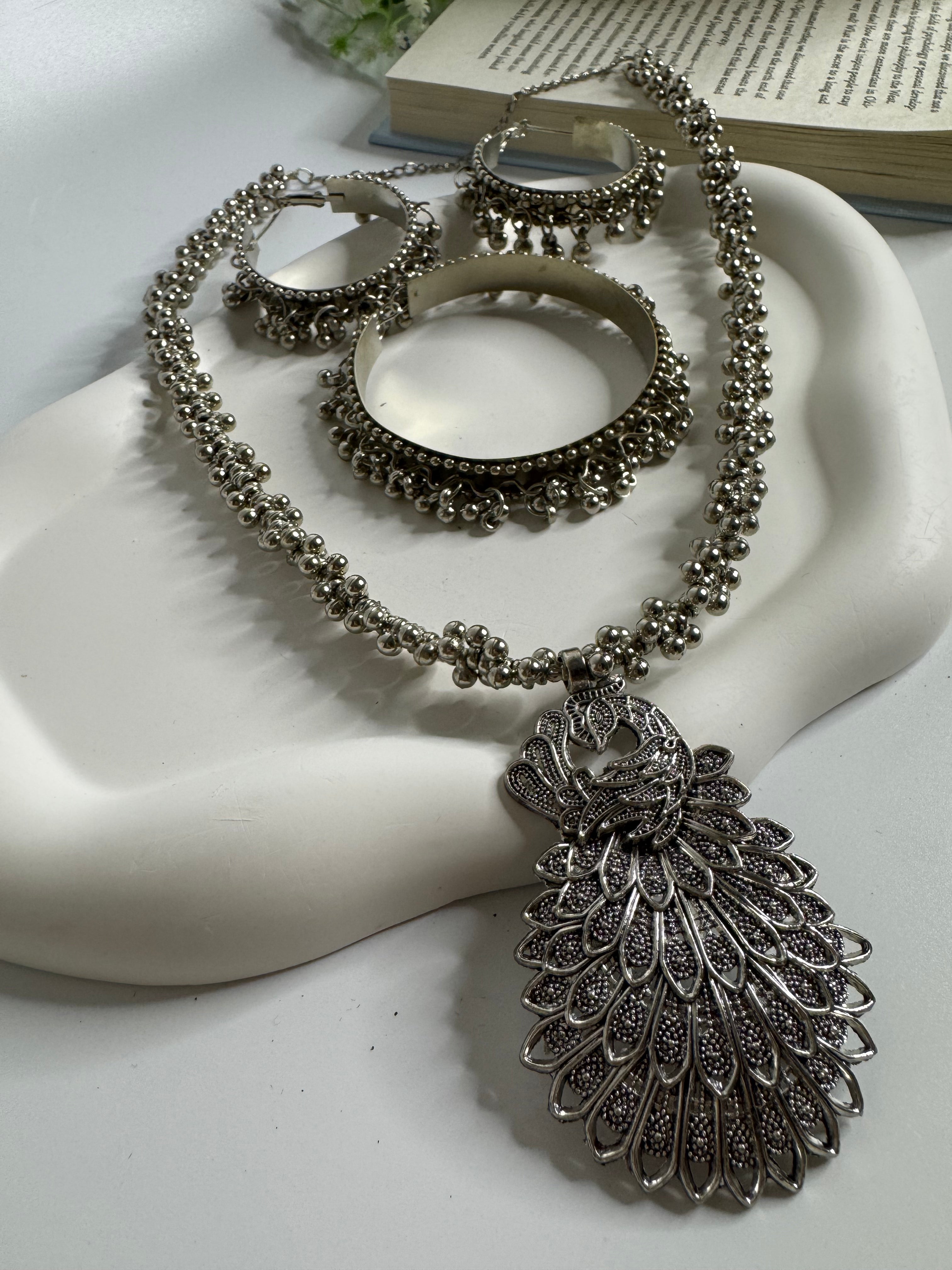 Peacock Drop Oxidised Necklace Set (3-Piece)