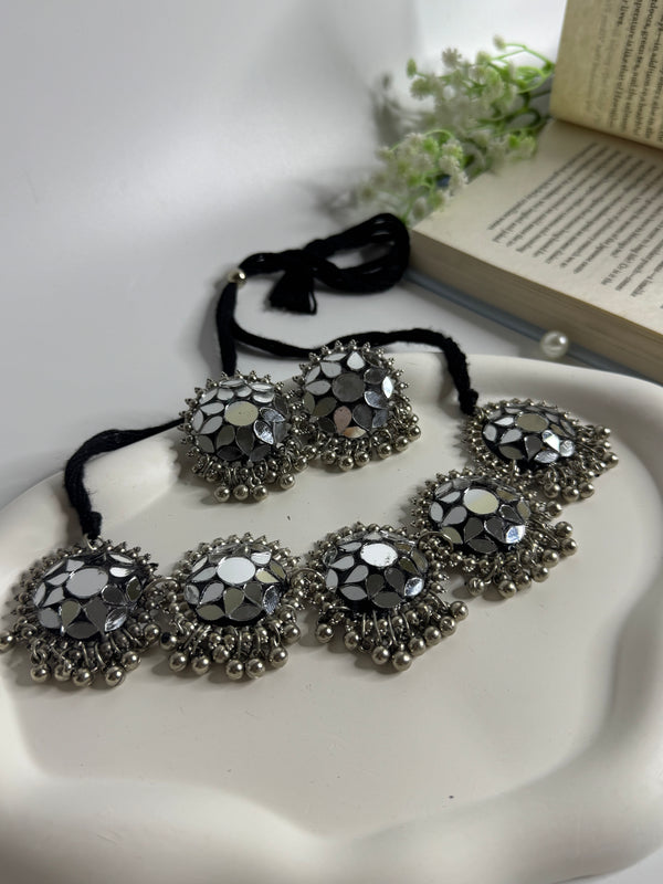 Taditional Mirror Disc Oxidised Choker Set