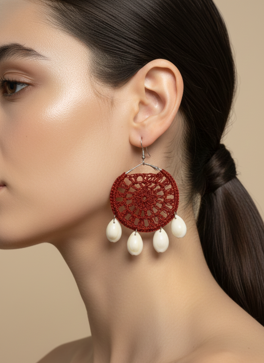 Handmade Lace Disc Shell Drop Earrings Red