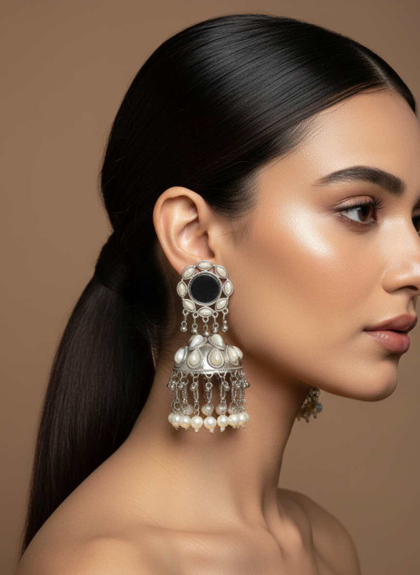 Oxidised Mirror Pearl Jhumki Earrings