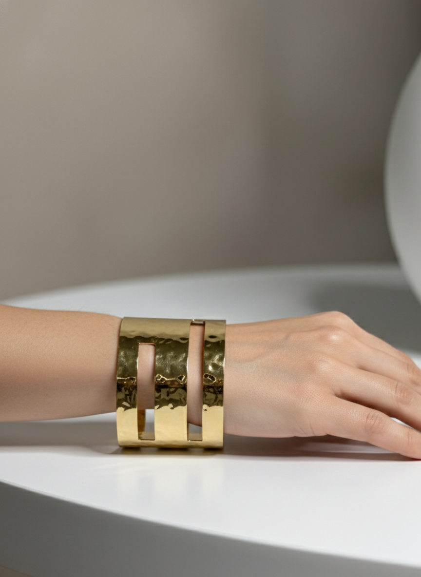 Wide Hammered Brass Statement Cuff