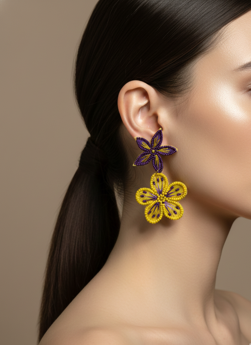 Purple & Yellow Handmade Beaded Floral Drop Earrings