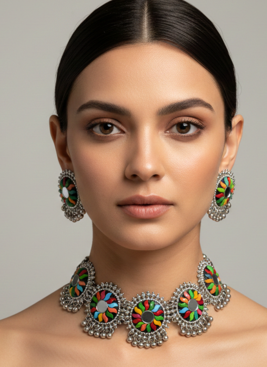 Rangoli Disc Oxidised Choker Set