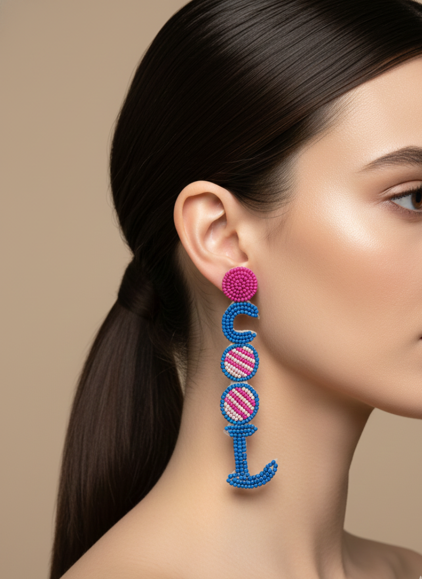 Handmade Beaded COOL Letter Drop Earrings