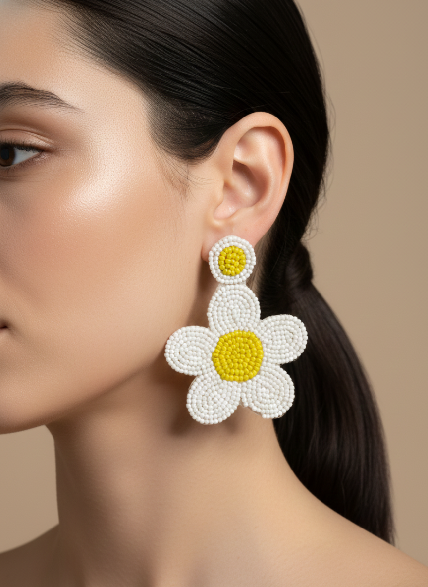 Handmade Beaded Daisy Drop Earrings Yellow & White