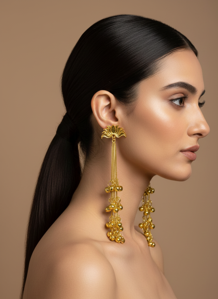 Kashmiri Lotus Chain Drop Jhumki Earrings