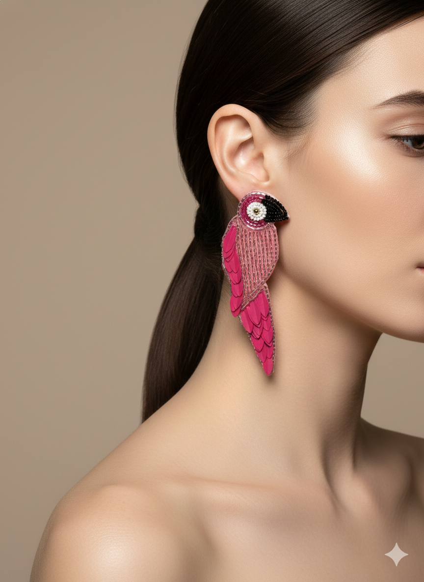 Handmade Beaded Peacock Statement Earrings Pink