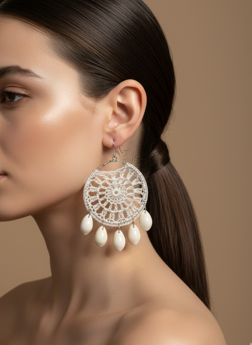 Handmade Lace Disc Shell Drop Earrings White