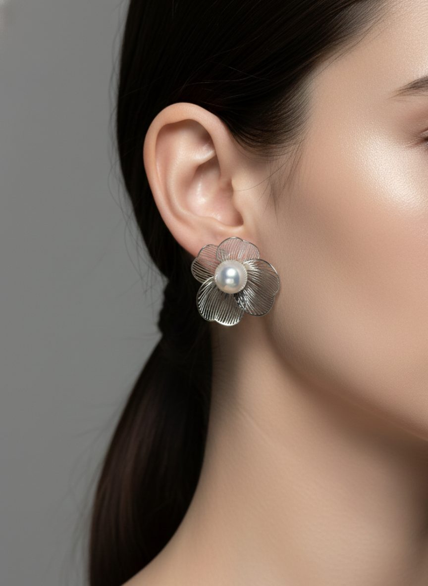 Metal Floral Pearl Stud Earrings Silver