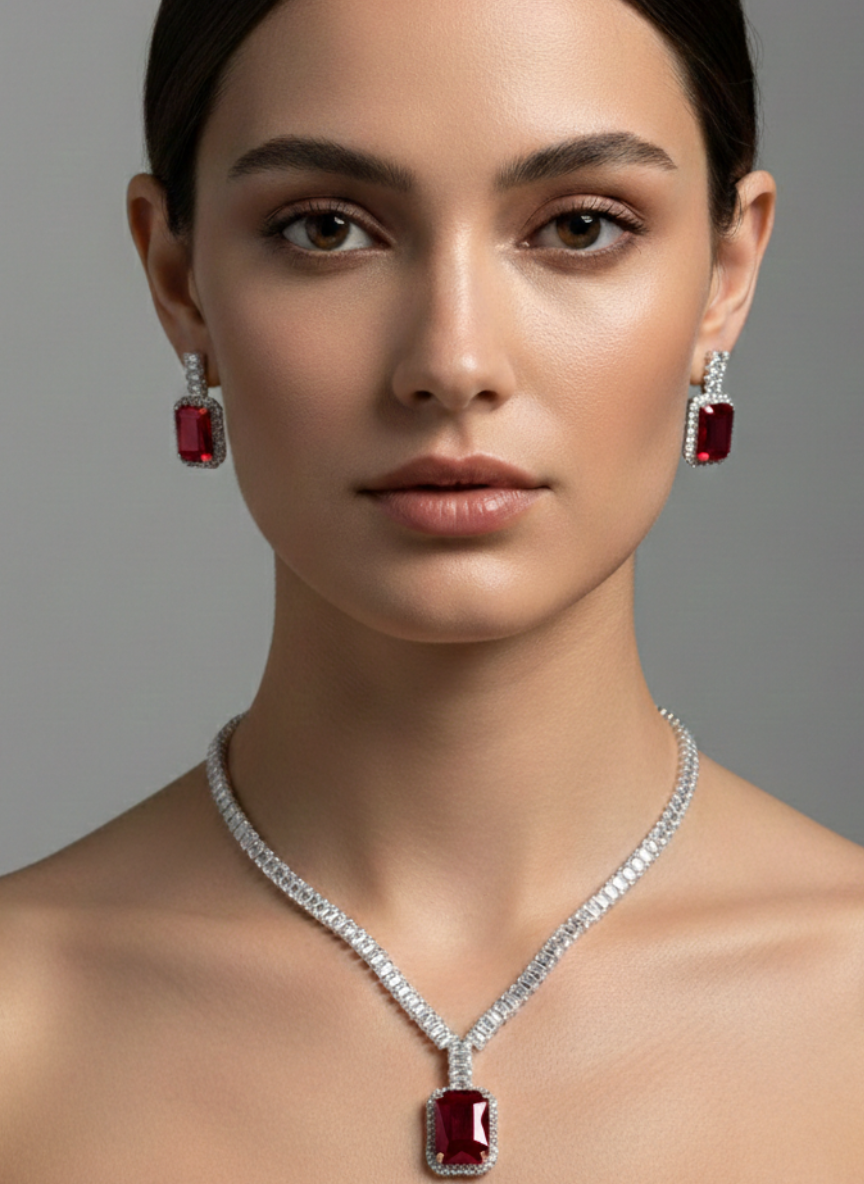 Timless Regal Necklace Set Silver & Red