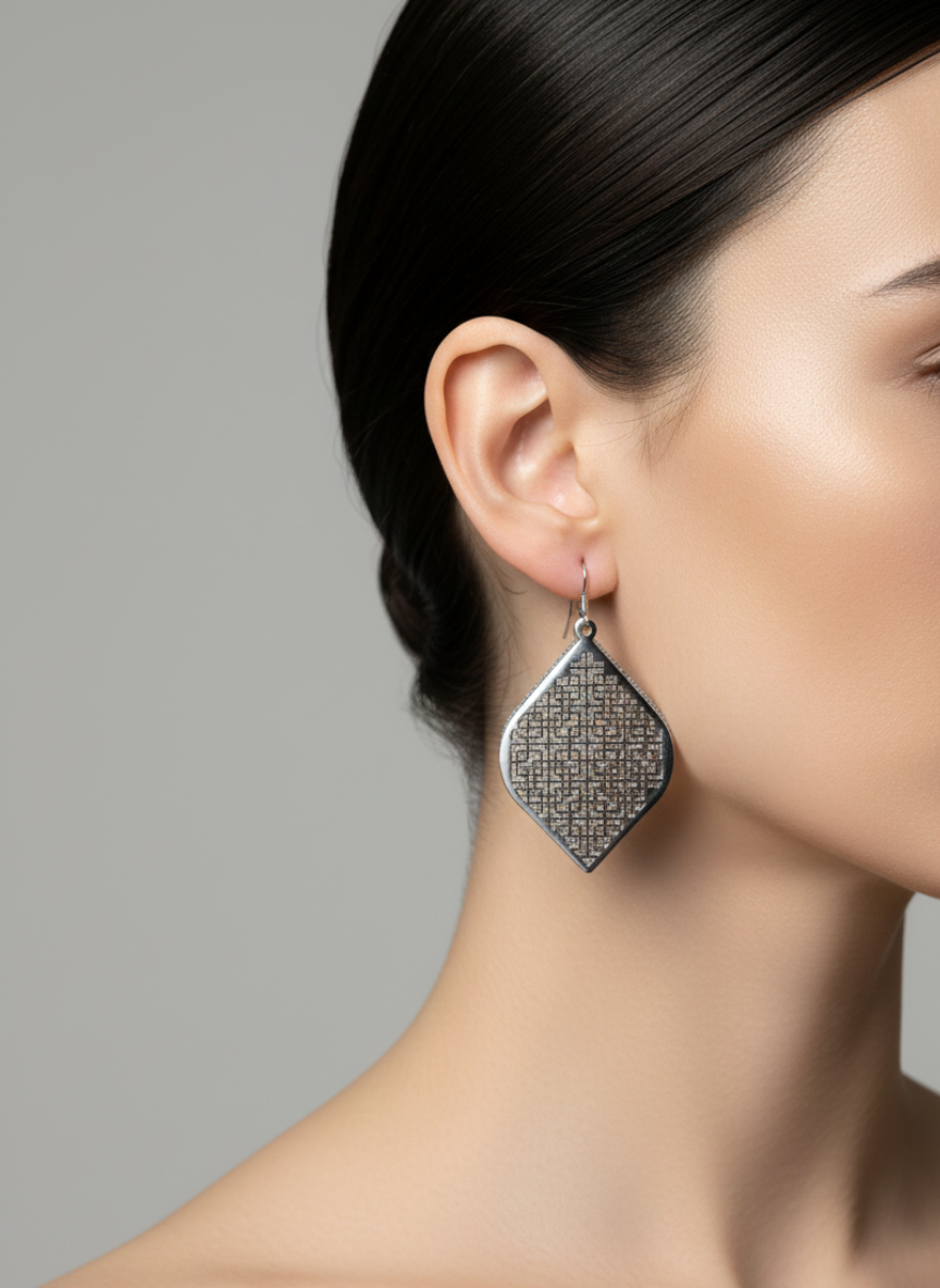 Silver Grid Leaf Statement Earrings