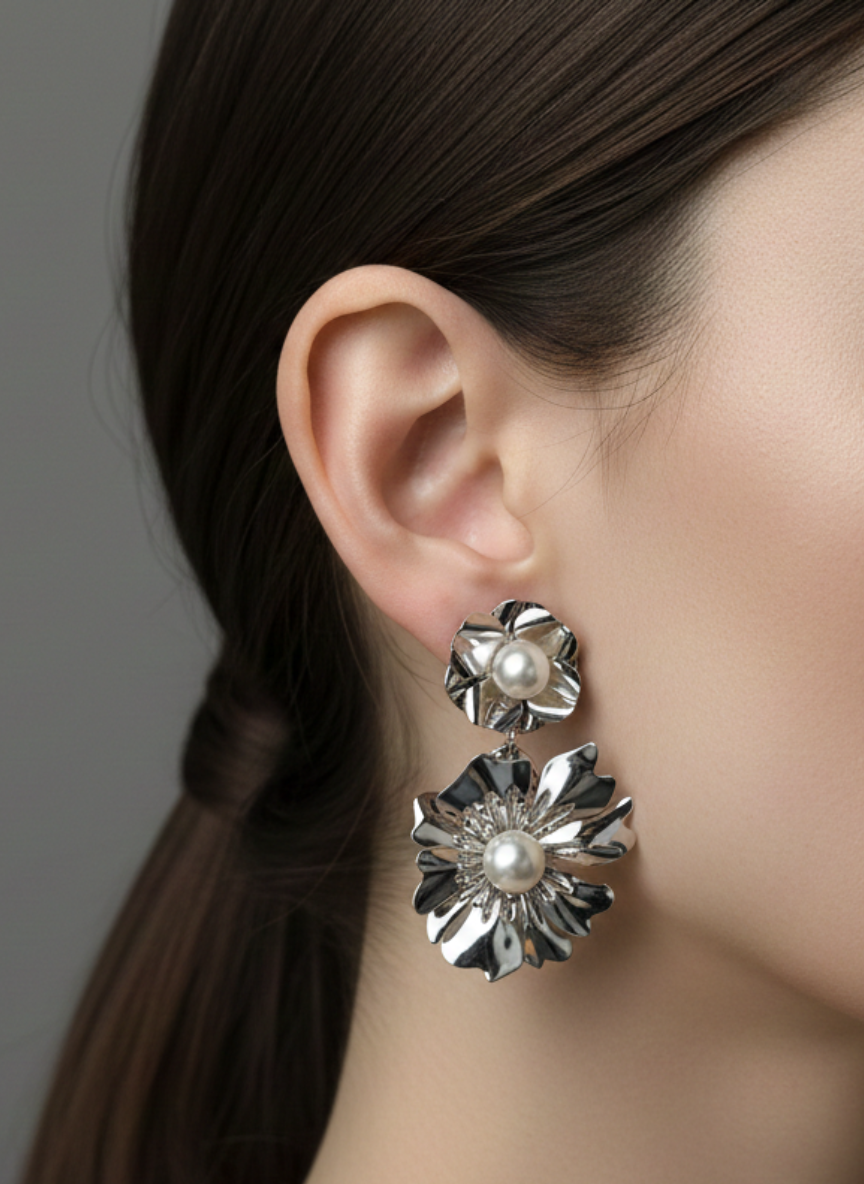 Pearl Bloom Metallic Flower Earrings Silver