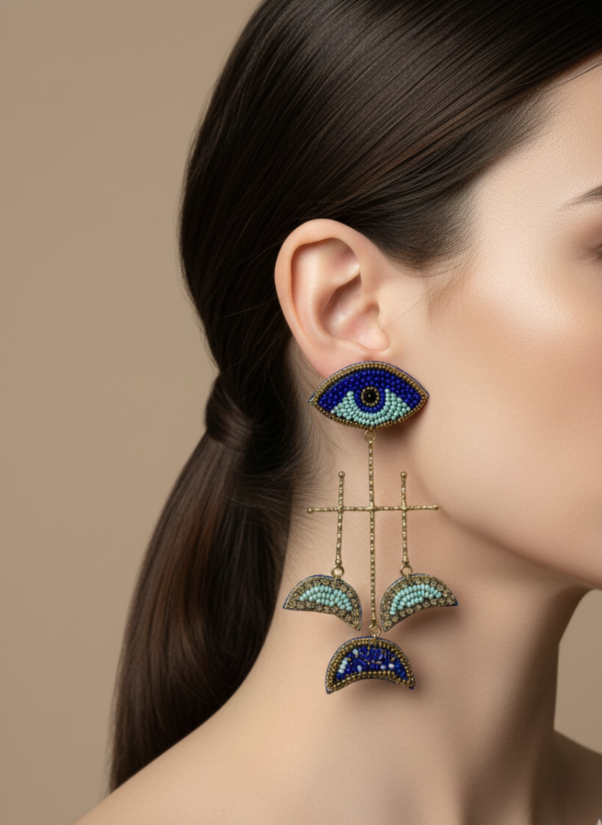 Evil Eye Handmade Long Statement Earrings Blue