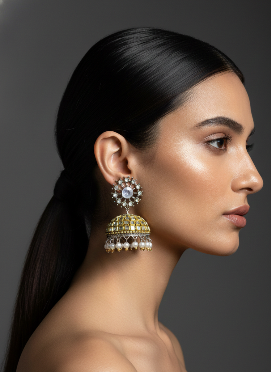 Oxidised Stone Top Dome Jhumki Earrings