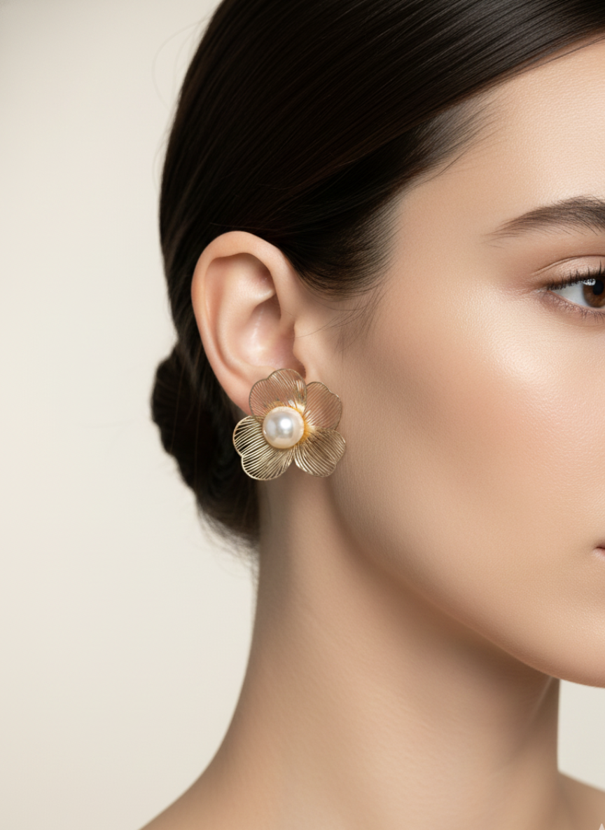 Metal Floral Pearl Stud Earrings Gold