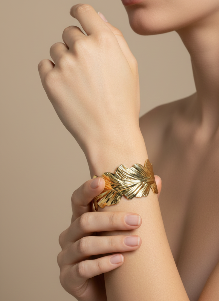 Golden Feather Textured Cuff Bracelet