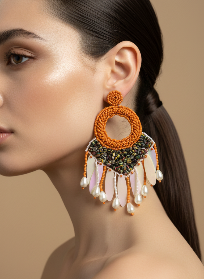 Handmade Open Ring Statement Earrings Orange