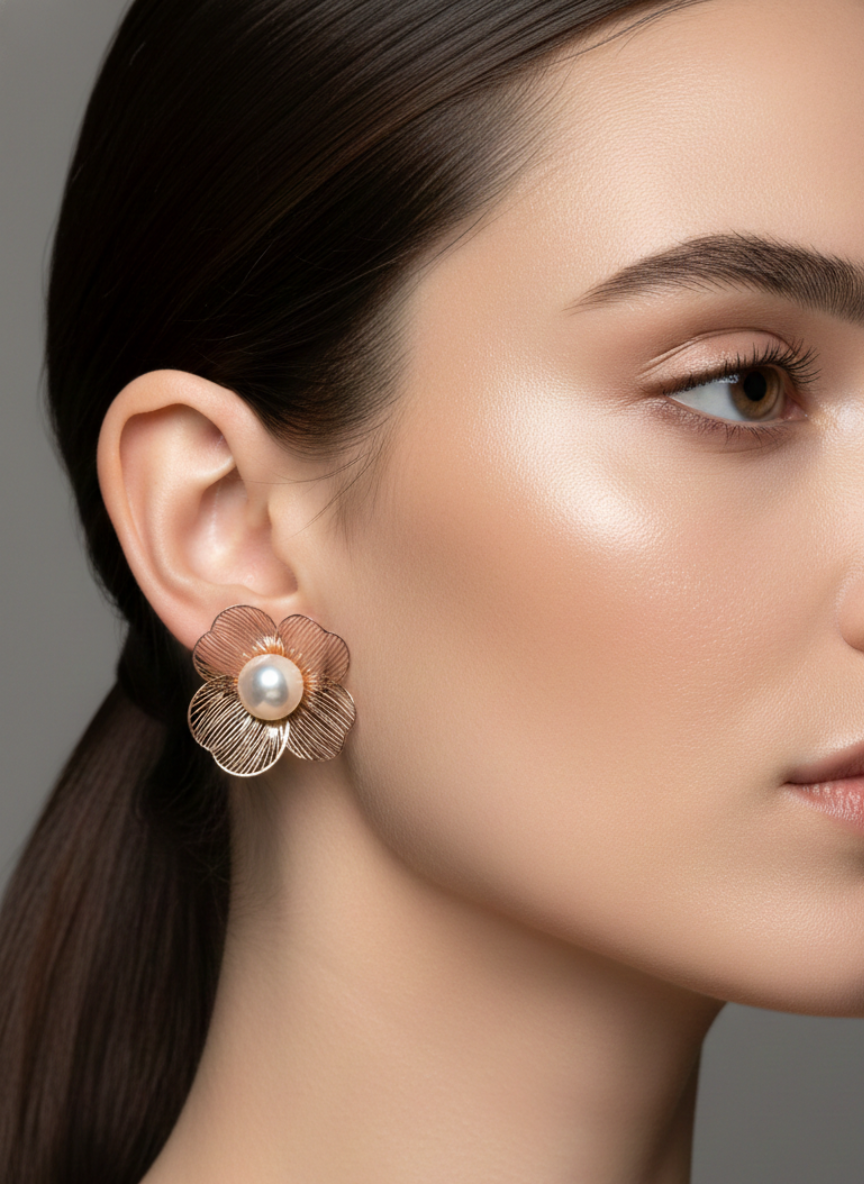 Metal Floral Pearl Stud Earrings Rose Gold