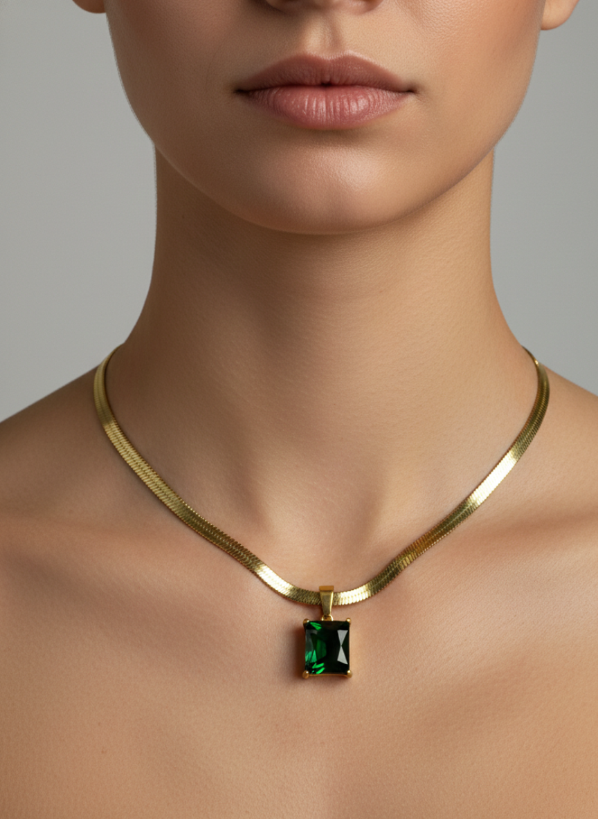 Golden Emerald Square Pendant Necklace