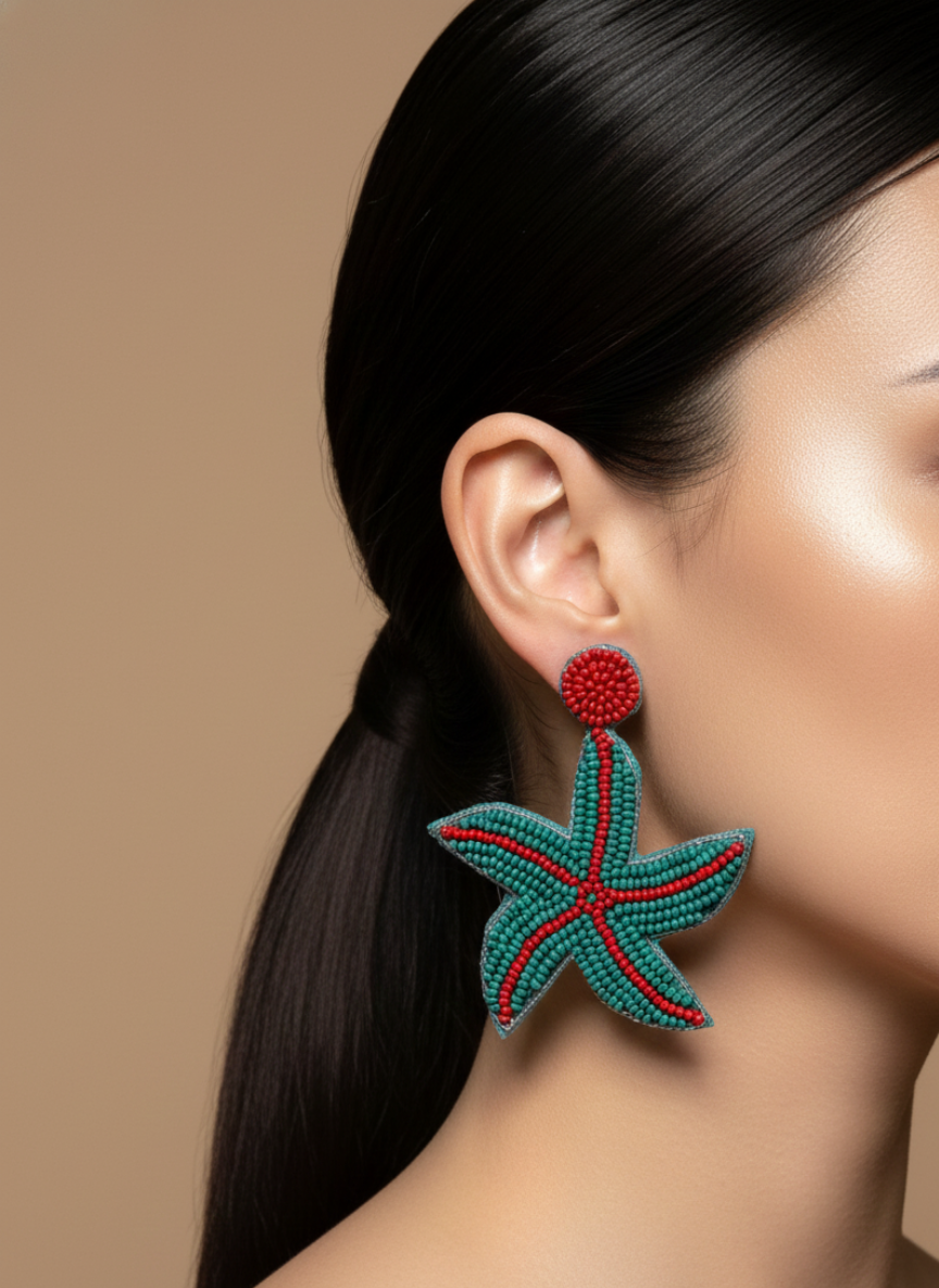 Green & Red Starfish Beaded Handmade Earrings