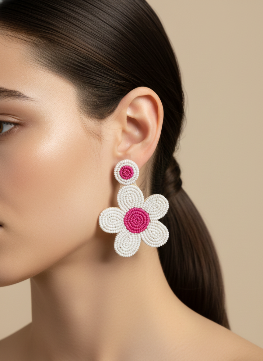 Handmade Beaded Daisy Drop Earrings Pink & White
