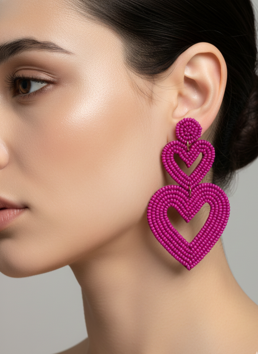 Double Heart Handmade Beaded Drop Earrings