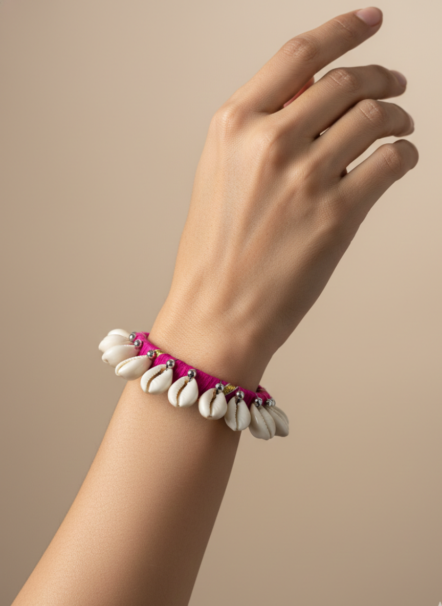 Fabric Wrapped Shell Charm Bracelet Set Pink