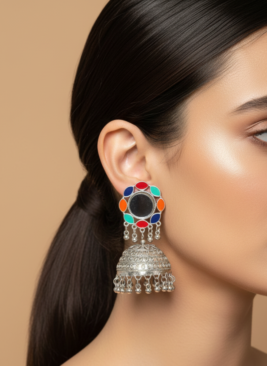 Oxidised Multicolour Mirror Work Jhumki Earrings