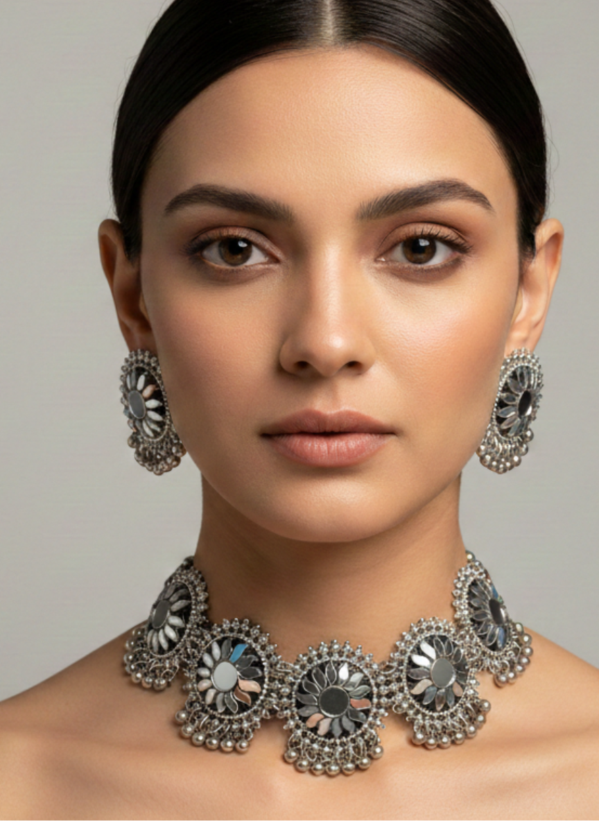 Taditional Mirror Disc Oxidised Choker Set