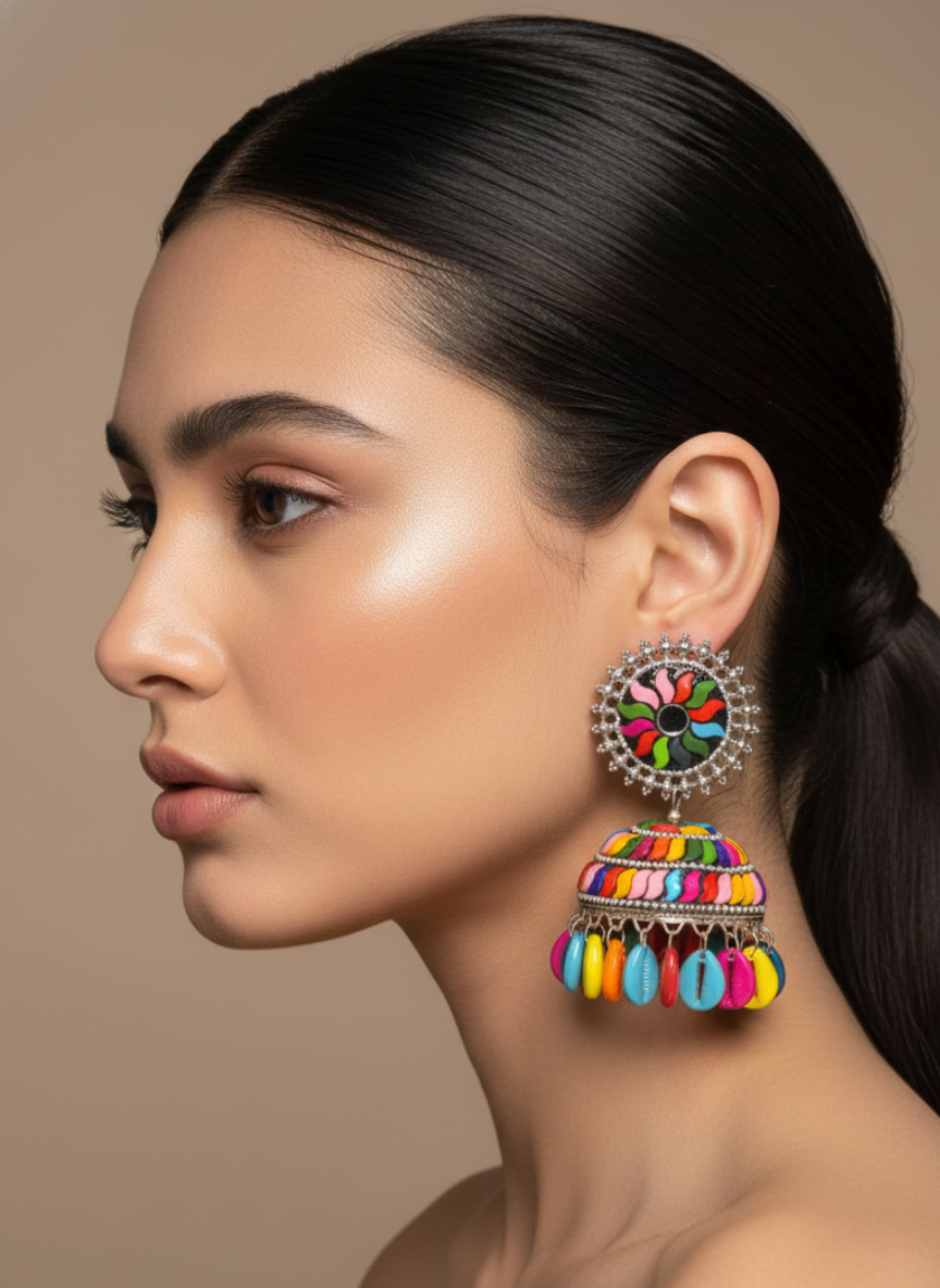 Oxidised Multicolour Shell Jhumki Earrings