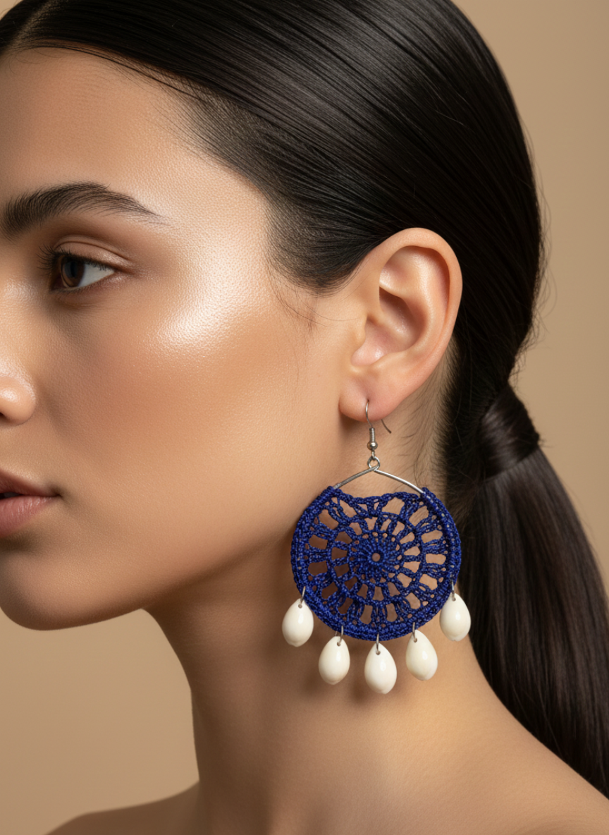 Handmade Lace Disc Shell Drop Earrings Blue