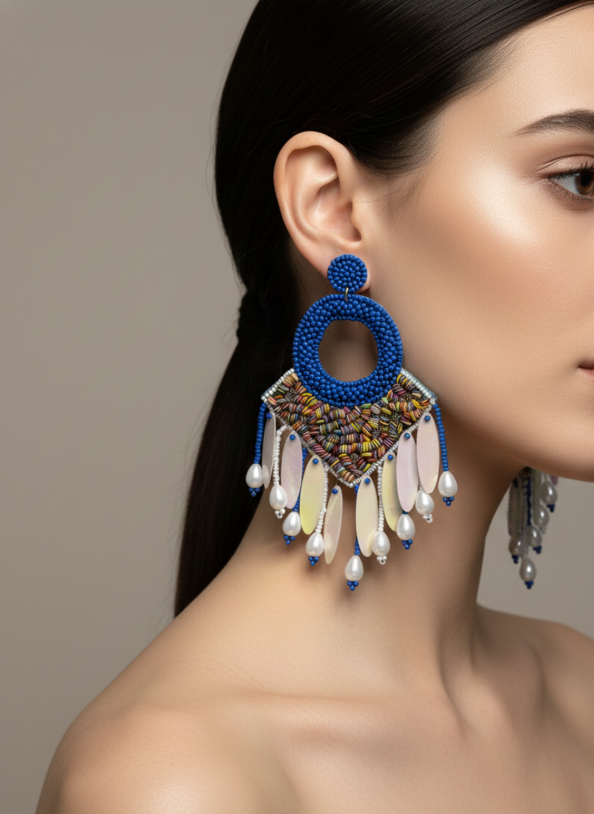 Handmade Open Ring Statement Earrings Blue
