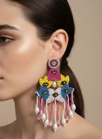 Handmade Beaded Floral Pearl Dangler Earrings