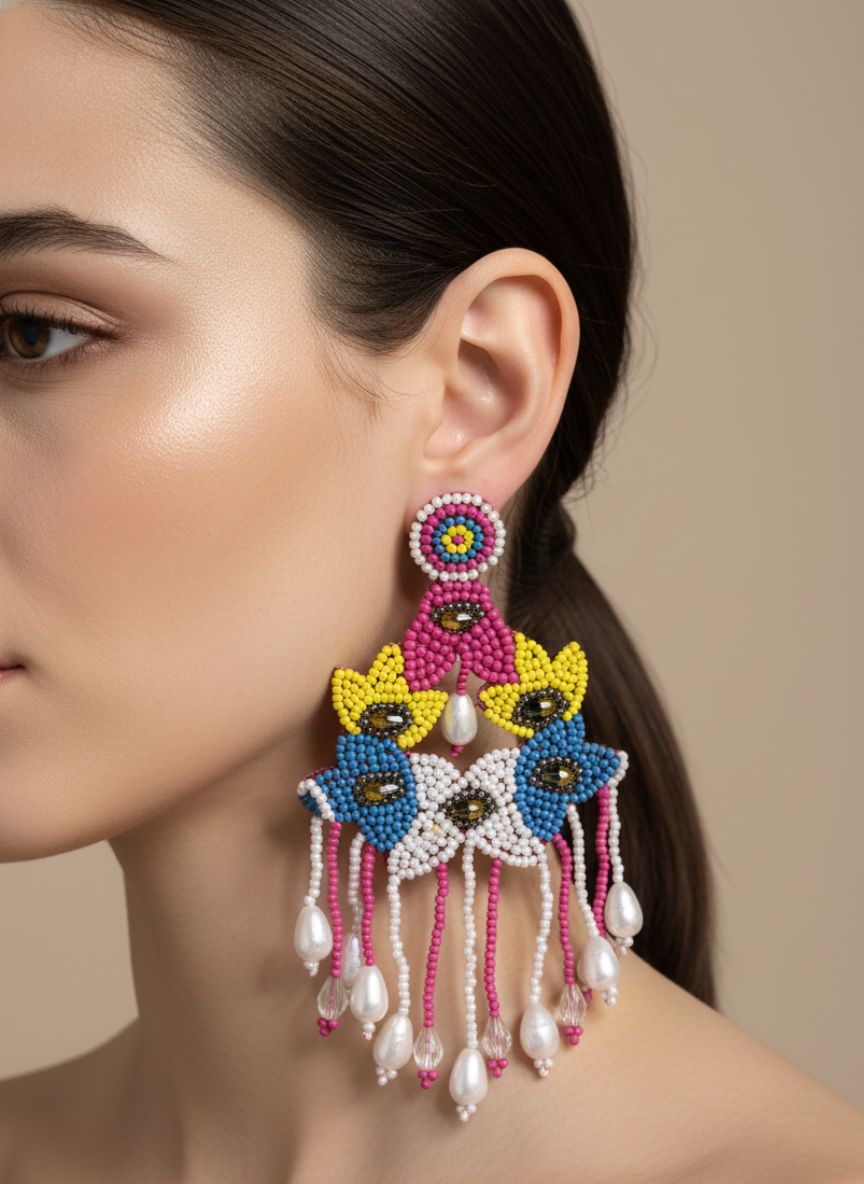 Handmade Beaded Floral Pearl Dangler Earrings