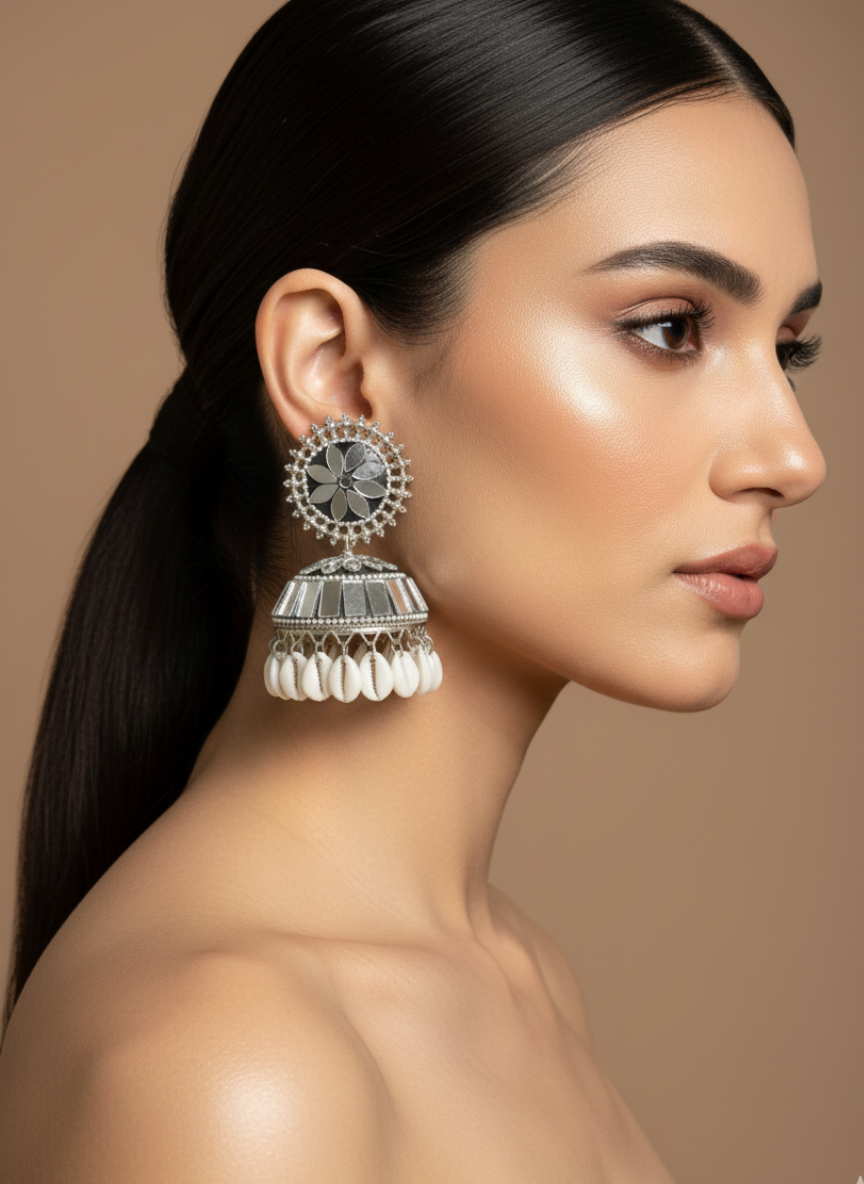 Oxidised Mirror Inlay Jhumki Earrings