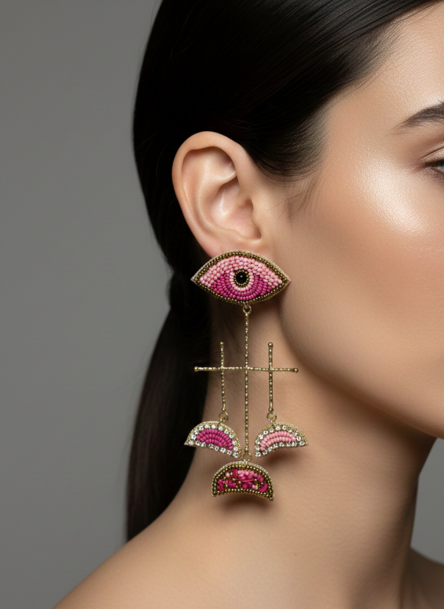 Evil Eye Handmade Long Statement Earrings Pink