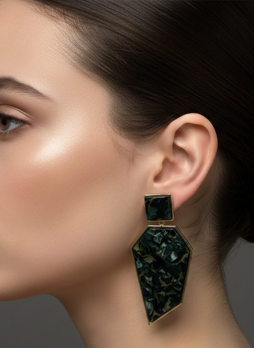 Marbled Edge Statement Earrings Dark Green