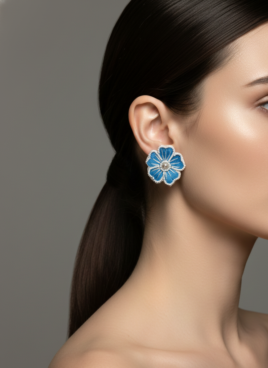 Handmade Petal Bloom Stud Earrings Blue