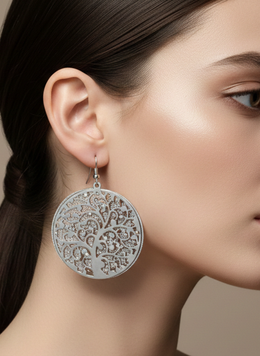 Silver Bloom Cutwork Disc Earrings
