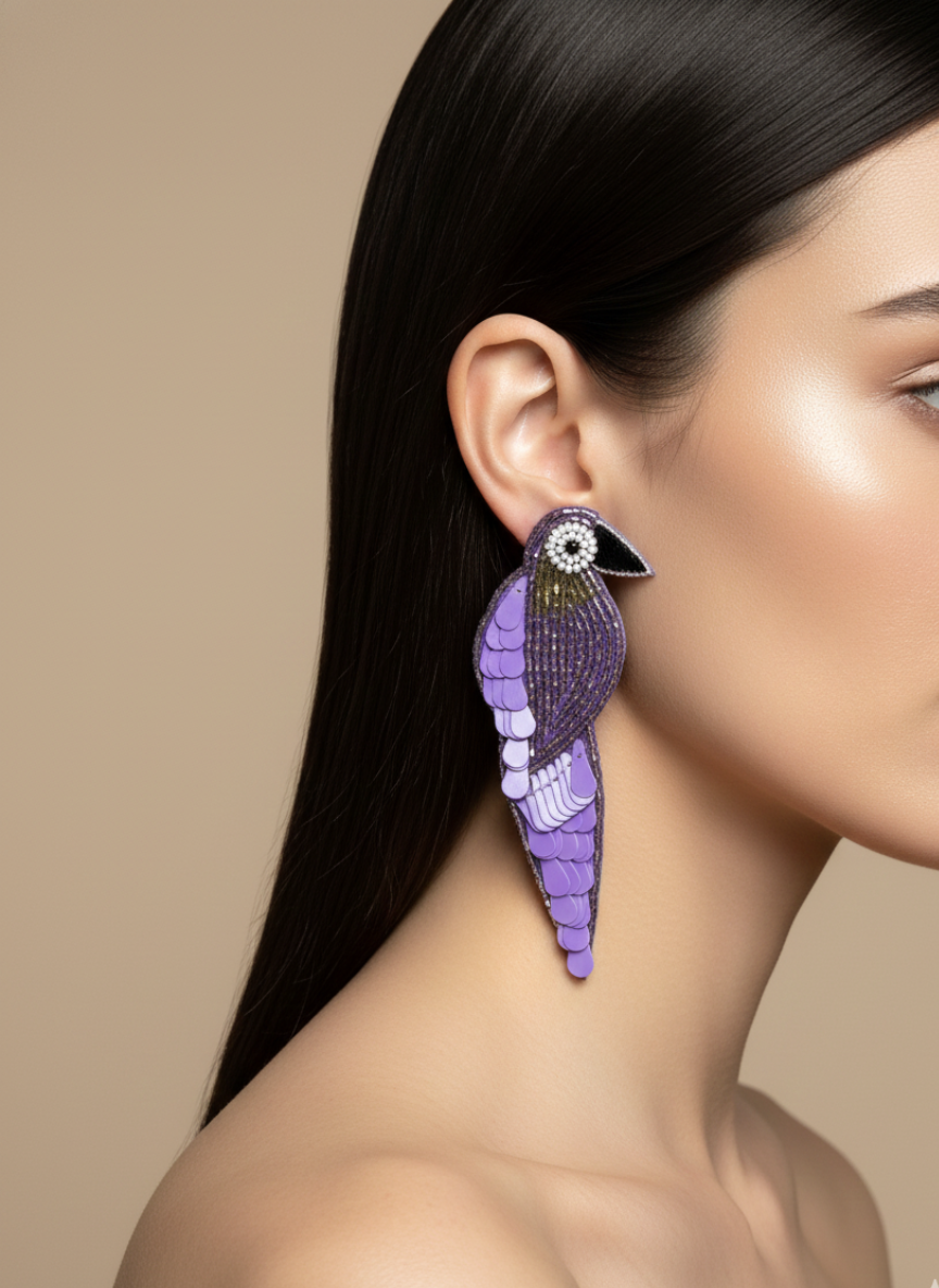 Handmade Beaded Peacock Statement Earrings Violet