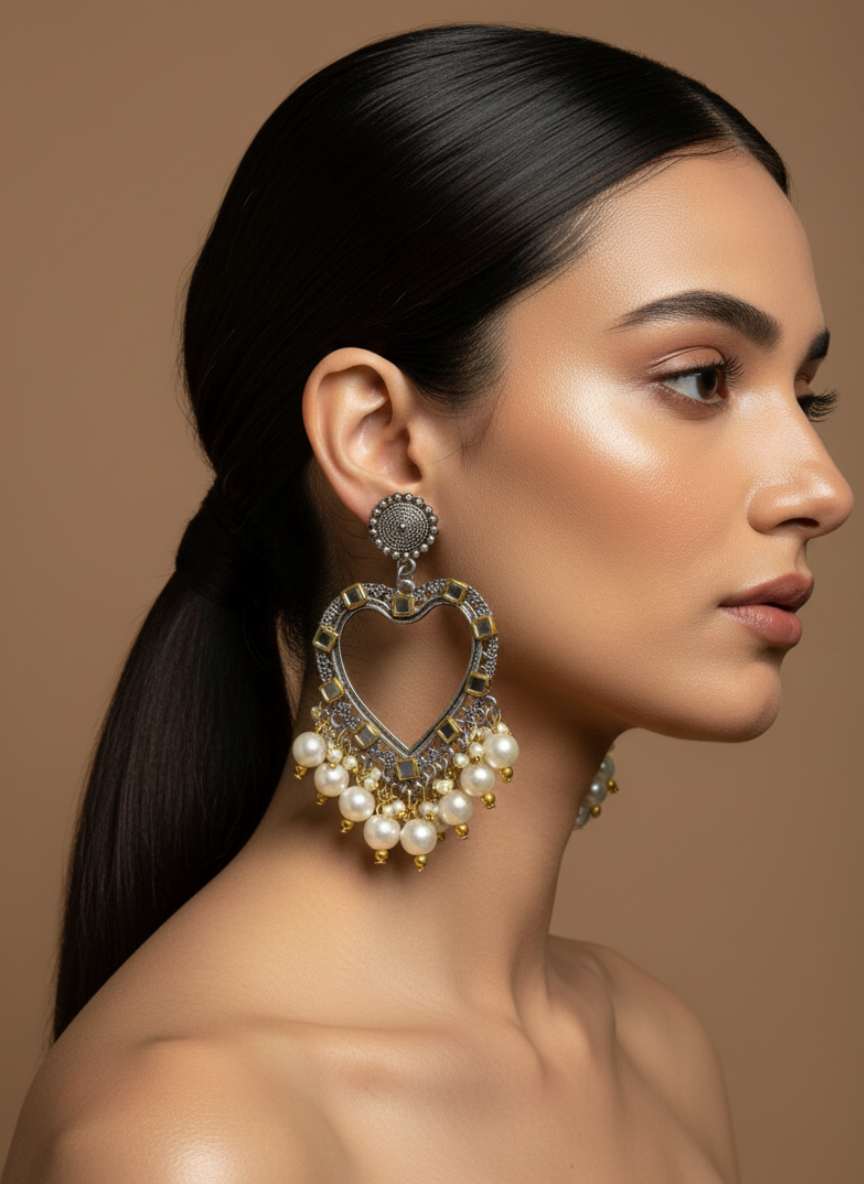 Oxidised Kundan Heart Drop Earrings