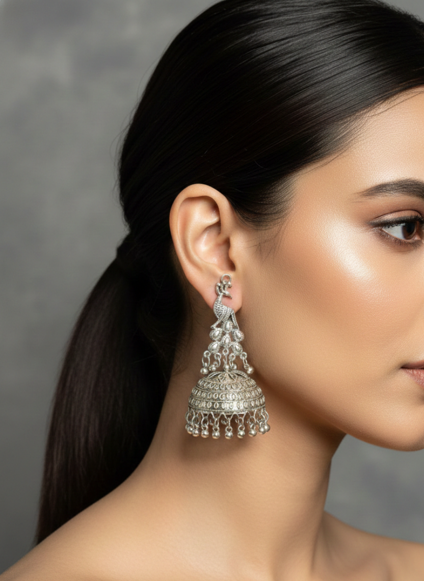 Oxidised Peacock Dome Jhumki Earrings