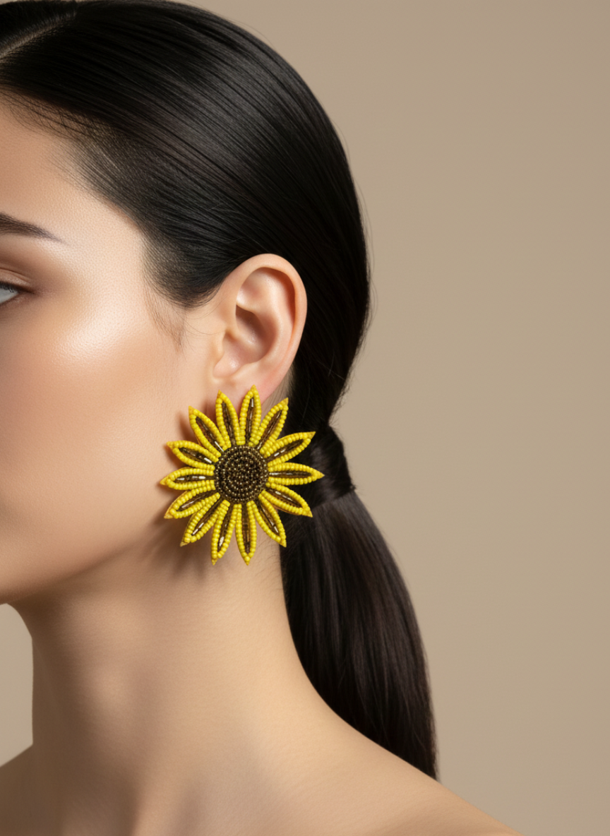 Handmade Sunflower Beaded Statement Earrings