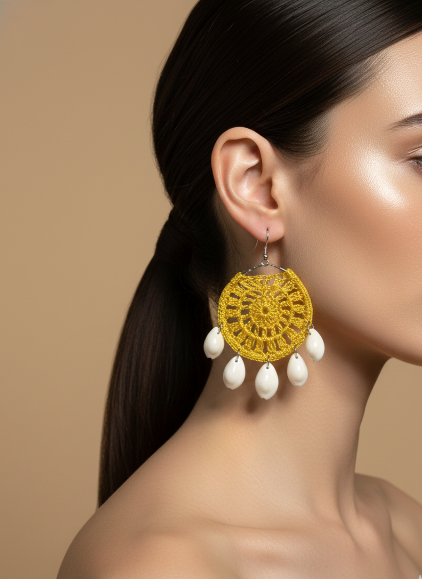 Handmade Lace Disc Shell Drop Earrings Yellow
