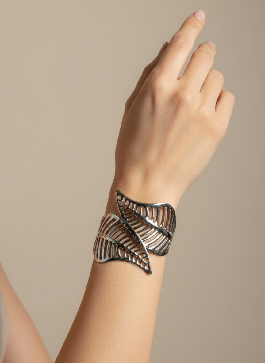 Silver Twin Leaf Open Bracelet