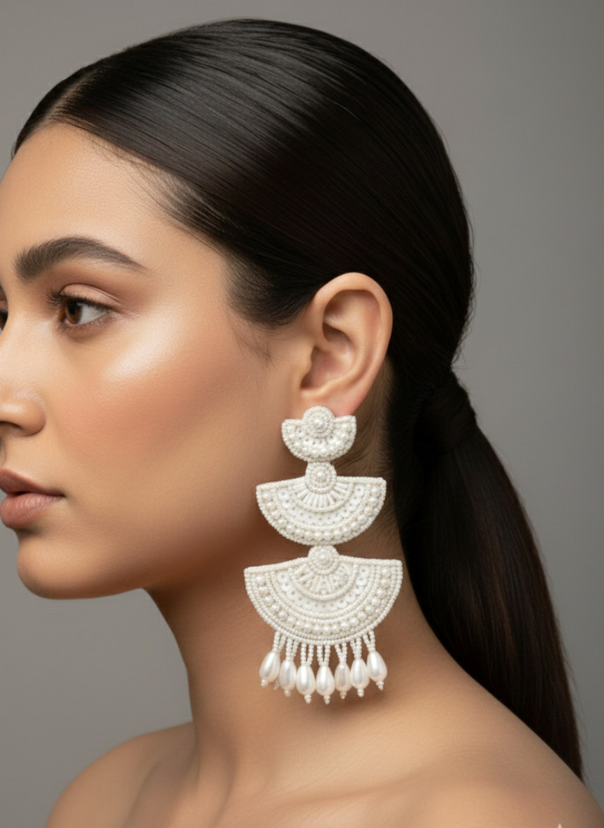 Handmade Crescent Layer Pearl Drop Earrings