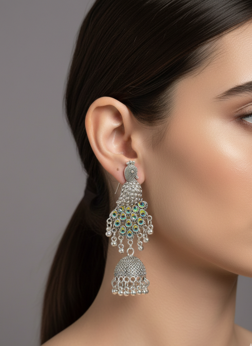 Peacock Feather Oxidised Jhumki Earrings