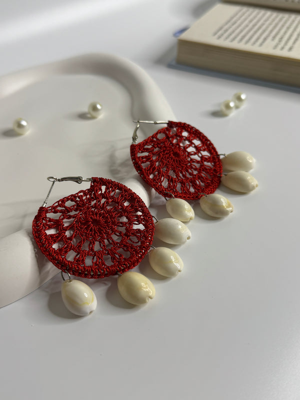 Handmade Lace Disc Shell Drop Earrings Red